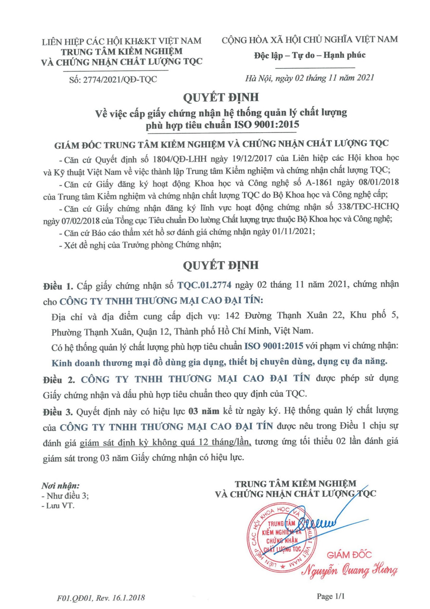 Quyết định về việc cấp giấy chứng nhận hệ thống quản lý chất lượng phù hợp tiêu chuẩn ISO 9001:2015