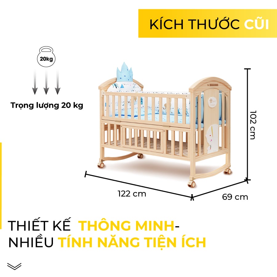 Giường cũi em bé Hakawa được thiết kế thông minh với nhiều tính năng tiện ích, kích thước nhỏ gọn với trọng lượng giường chỉ vỏn vẹn 20kg dễ di chuyển và không tốn diện tích sử dụng