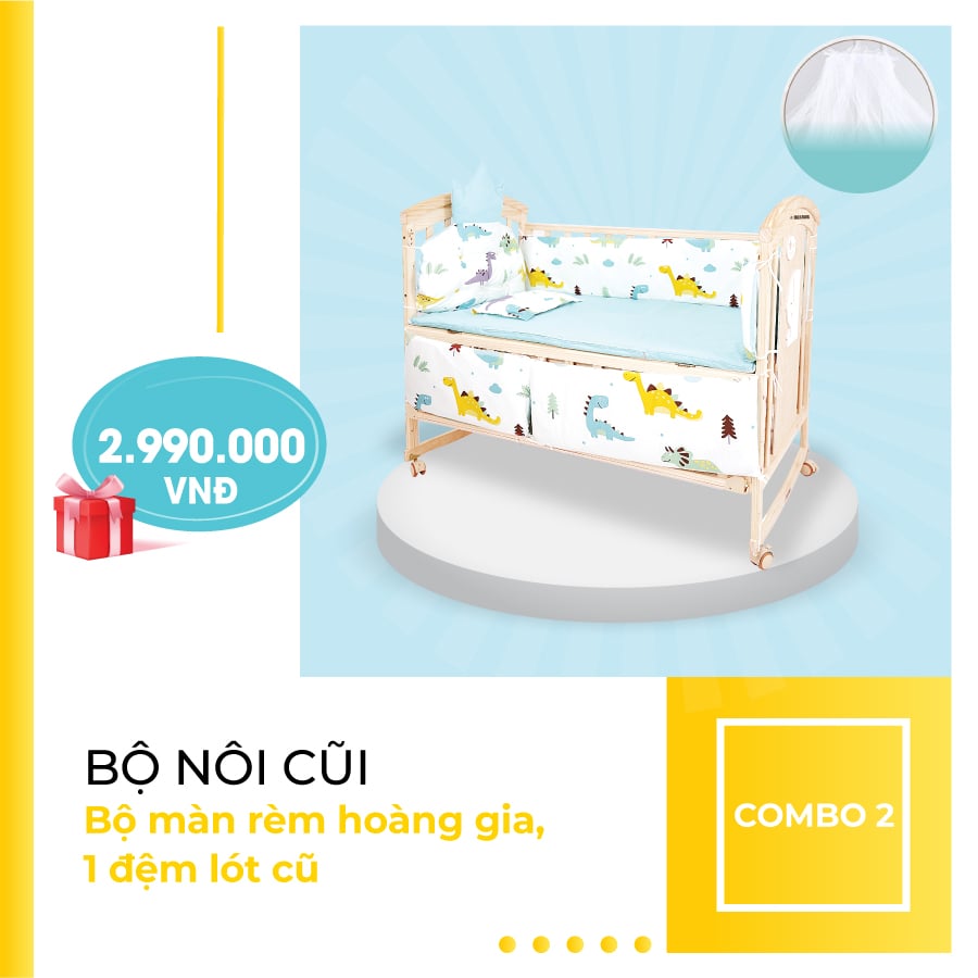 Combo 2 gồm bộ nôi cũi, bộ màn rèm hoàng gia và 1 đệm lót