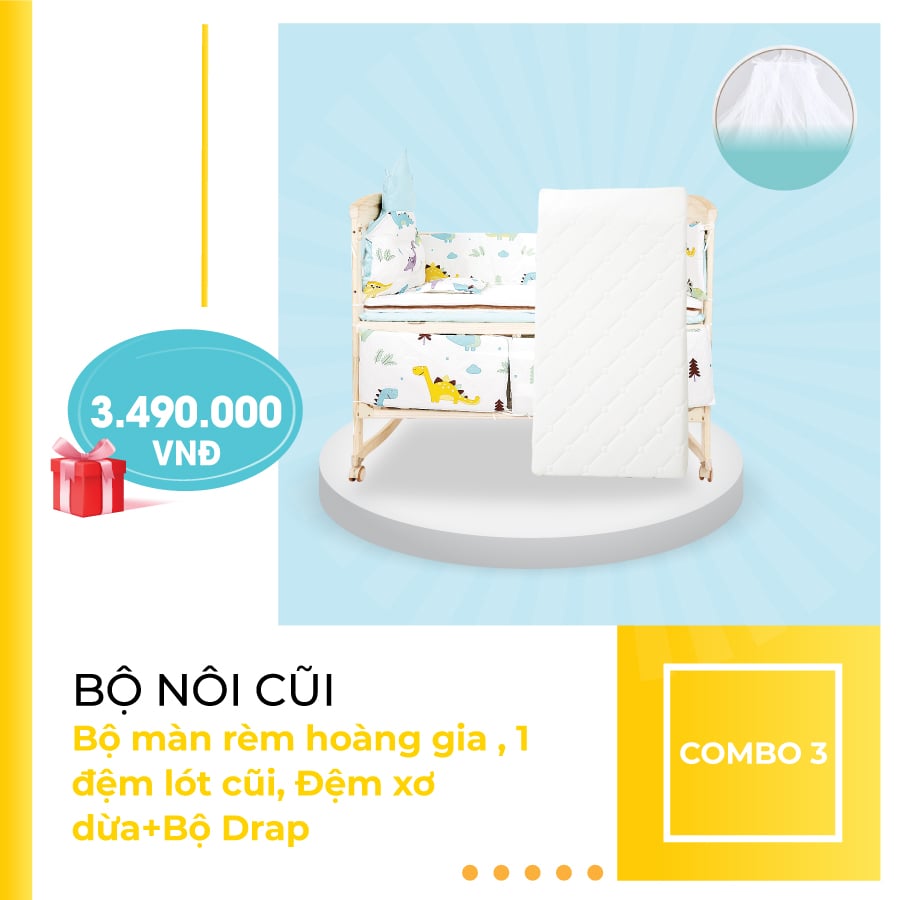 Combo 3 gồm bộ nôi cũi, bộ màn rèm hoàng gia và 1 đệm lót cũi, đệm sơ dừa và bộ drap