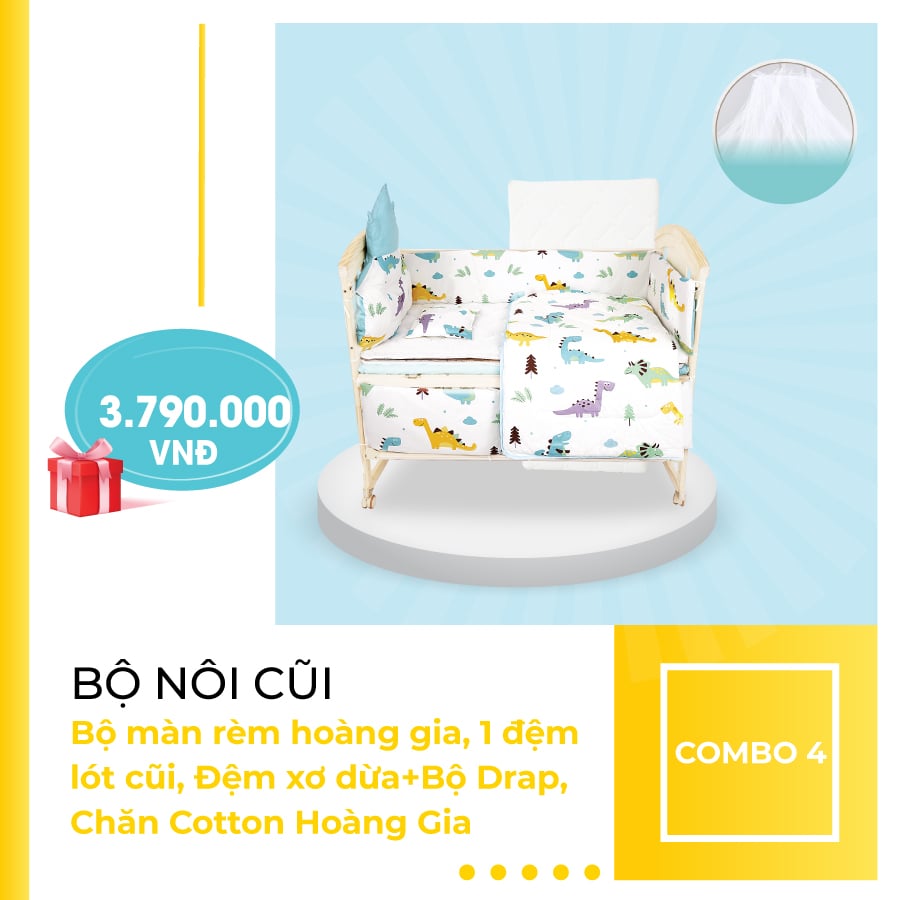 Combo 4 gồm bộ nôi cũi, bồ màn rèm hoàng gia, đệm xơ dừa + bộ drap và chăn cotton hoàng gia