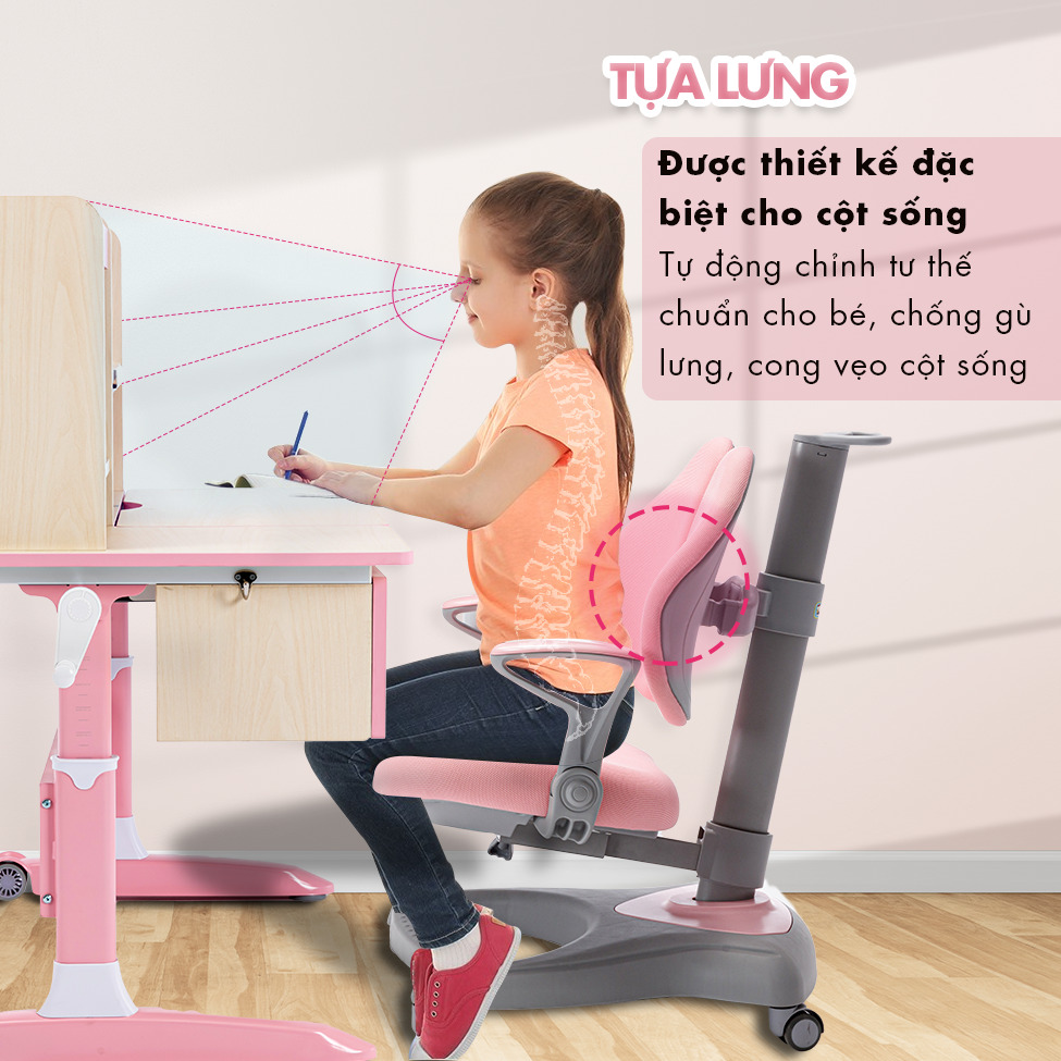 Tựa lưng của ghế được thiết kế đặc biệt cho cột sống, tự động chỉnh tư thế chuẩn cho bé, chống gù lưng cong vẹo cột sống