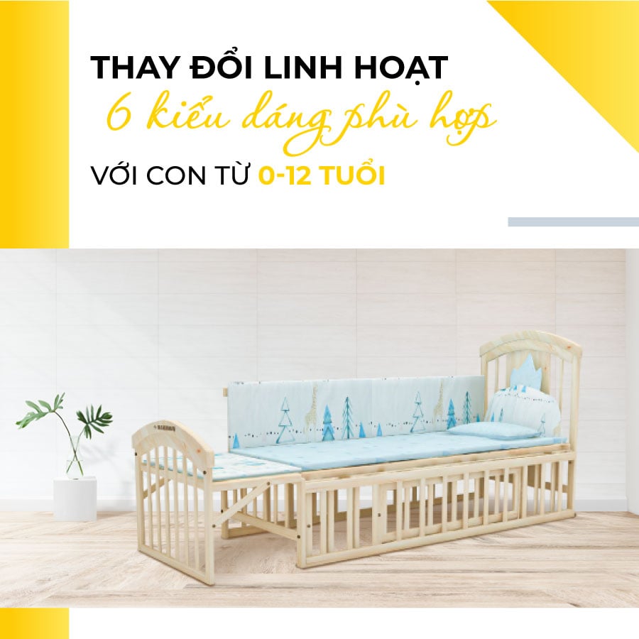 Giường cũi thay đổi linh hoạt 6 kiểu dáng phù hợp với con từ 0-12 tuổi