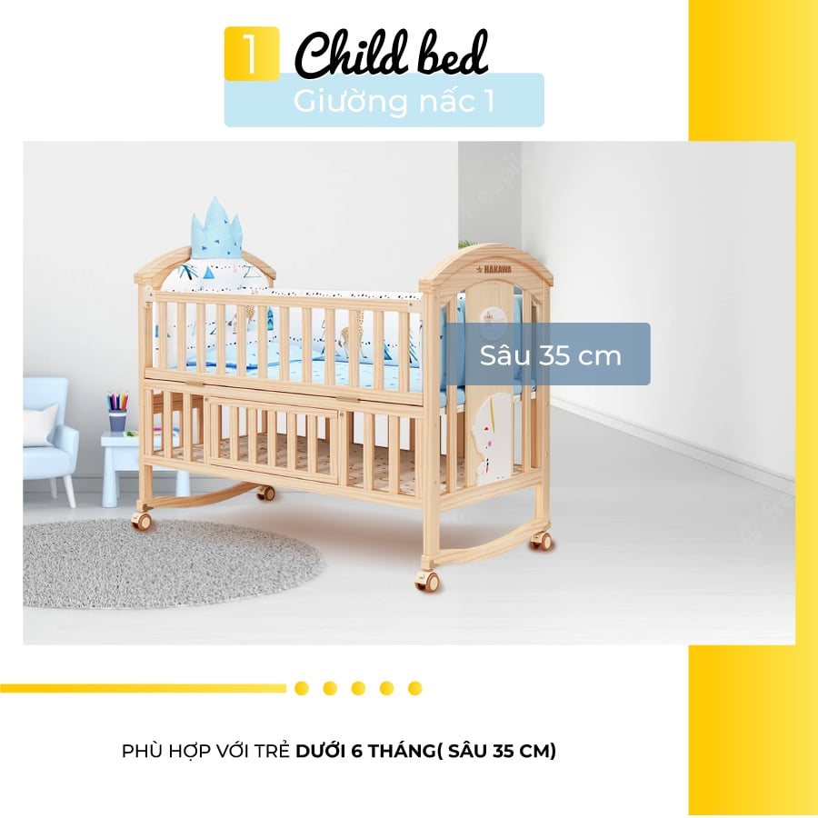 Giường nấc 1 sâu 35cm phù hợp với trẻ dưới 6 tháng tuổi