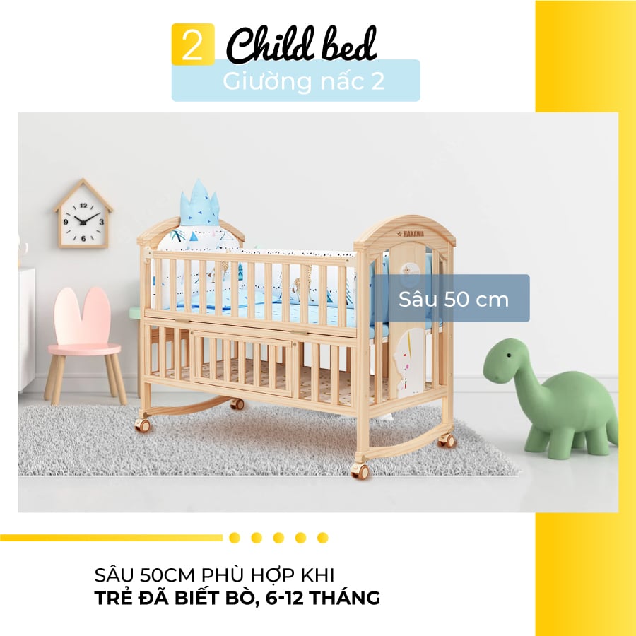 Giường nấc 2 sâu 50 cm phù hợp với trẻ đã biết bò từ 6 tháng đến 12 tháng tuổi