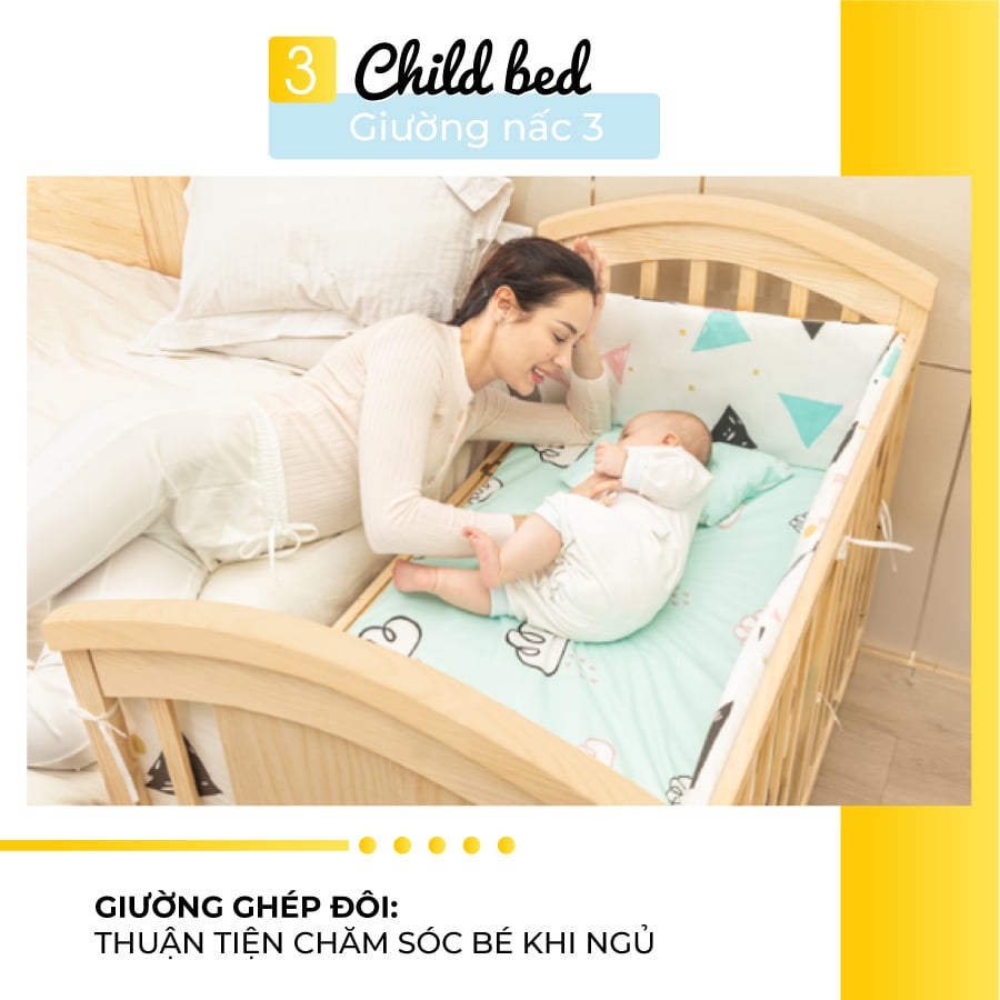 Giường nấc 3 giường ghép đôi thuận tiện chăm sóc bé khi ngủ