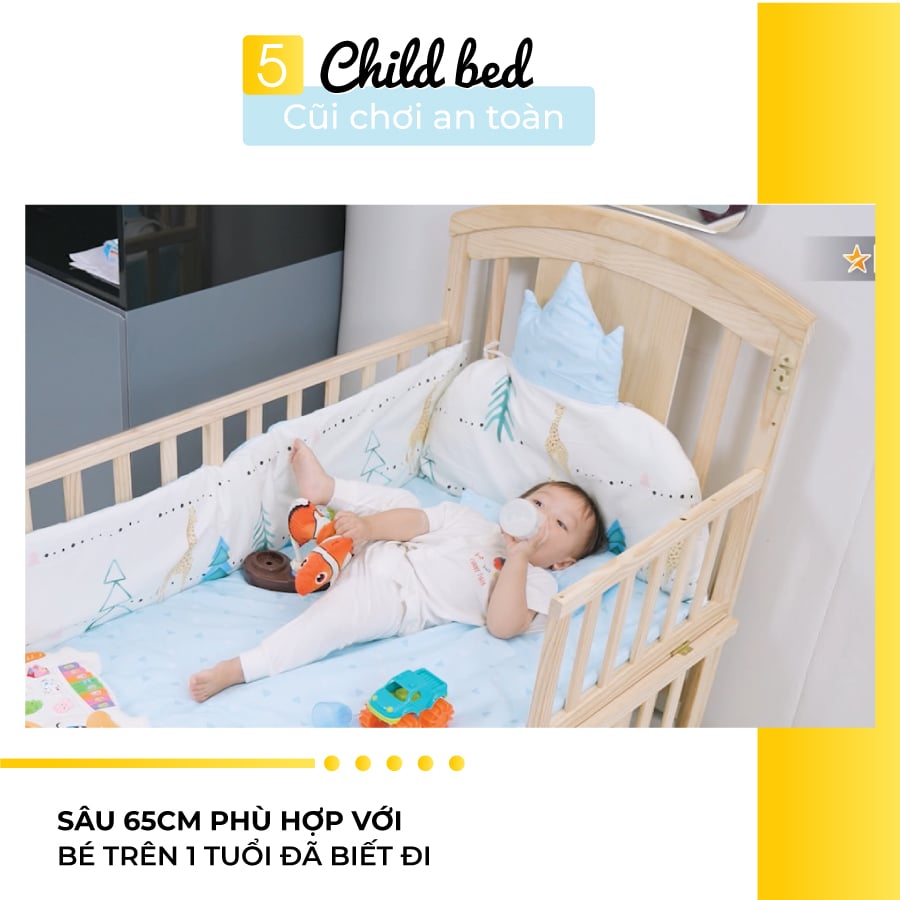 Cũi chơi an toàn sâu 65cm phù hợp với bé trên một tuổi đã biết đi