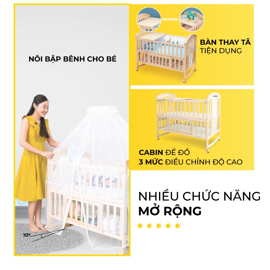 Giường cũi em bé được Hakawa được tích hợp nhiều chức năng mở rộng như nôi bập bênh cho bé, bàn thay tã tiện dụng, cabin để đổ điều khiện được 3 mức điều chỉnh độ cao khác nhau