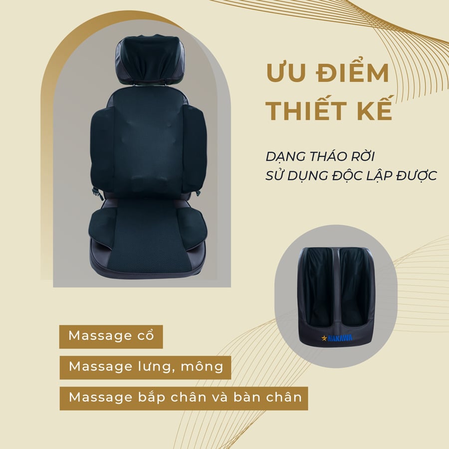 Nệm massage Hakawa HK-M11 với thiết kế dạng tháo rời có thể sử dụng độc lập được từng bộ phận cho chân và mông lưng riêng biệt