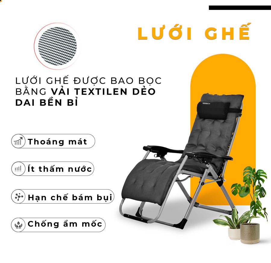 Lưới ghế được làm bằng vải texitilen bền bỉ, thoáng mát, ít thấm nước, hạn chế bám bụi và chống ẩm mốc tốt