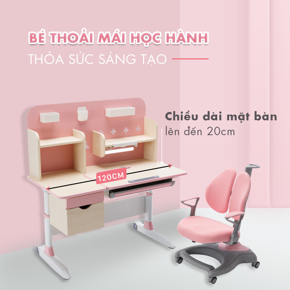 Chiều dài mặt bàn lên đến 120cm cho bé thoả sức học hành và sáng tạo