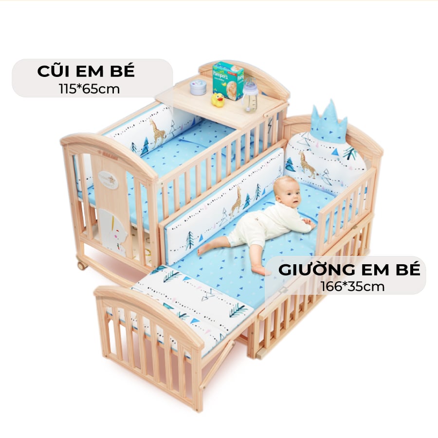  Kích thước cũi em bé 115*65 (cm) và giường em bé 166*35(cm)