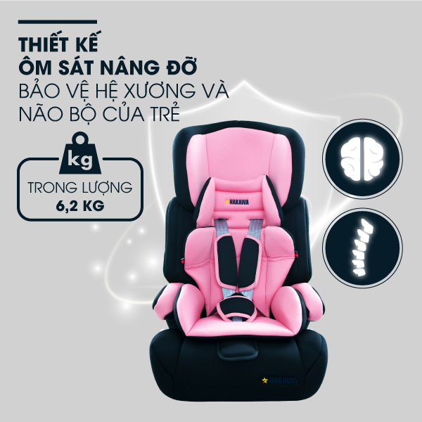 Ghế ngồi ô tô cho bé của Hakawa với thiết kế ôm sát nâng đỡ bảo vệ hệ xương và não trẻ một cách toàn diện, trọng lượng ghế chỉ 6,2kg thuận lợi tháo lắp và di chuyển