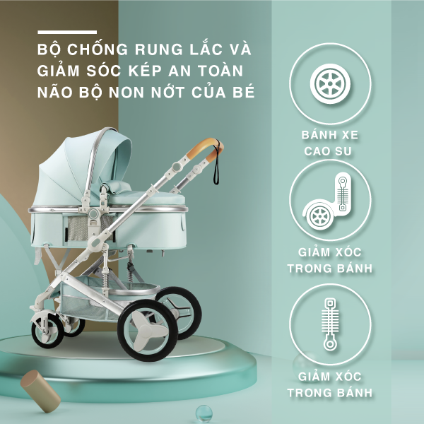 Xe đẩy cho em bé Hakawa có tích hợp bộ chống rung lắc và giảm sóc kép an toàn não bộ non nớt của bé