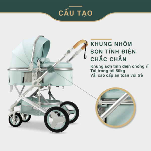 Xe đẩy được thiết kế khung nhôm sơn tĩnh điện chống rỉ, tải trọng lên tới 50kg, vải kaki cao cấp an toàn với trẻ