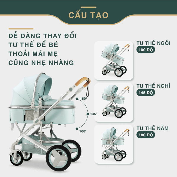 Xe đẩy em bé có cấu tạo dễ dàng thay đổi tư thế ngồi, nằm và tư thế nghỉ