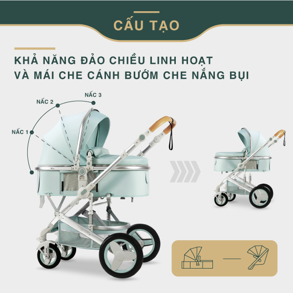 Xe có khả năng đảo chiều linh hoạt và mái che cánh bướm che nắng và ngăn bụi hiệu quả