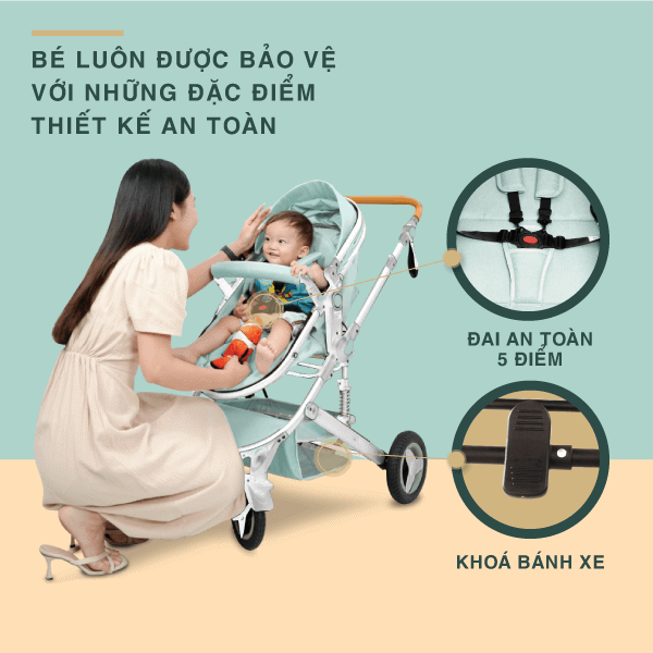 Bé luôn được bảo vệ an toàn khi sử dụng xe nhờ đai an toàn 5 điểm và khoá cố định bánh xe