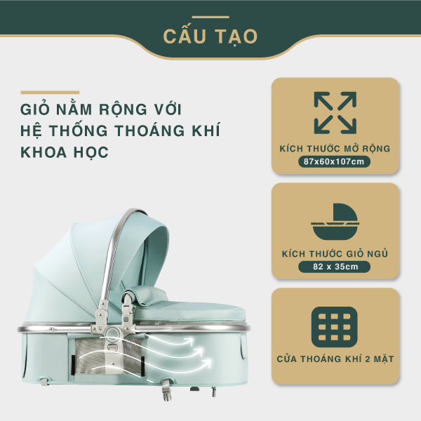 Xe đẩy em bé Hakawa có cấu tạo giỏ nằm rộng, hệ thống thoáng khí khoa học