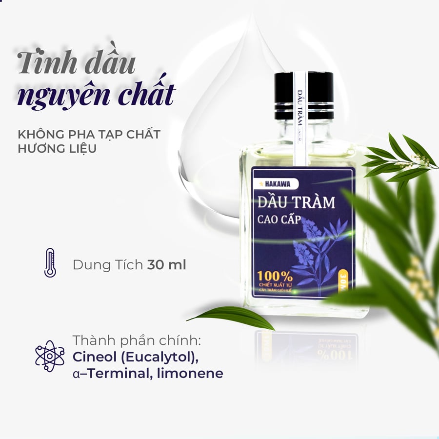 Tinh dầu tràm được đóng chai dung tích 30ml không pha tạp chất, thành phần chính là cineol(Eucalytol), a-terminal và limonene