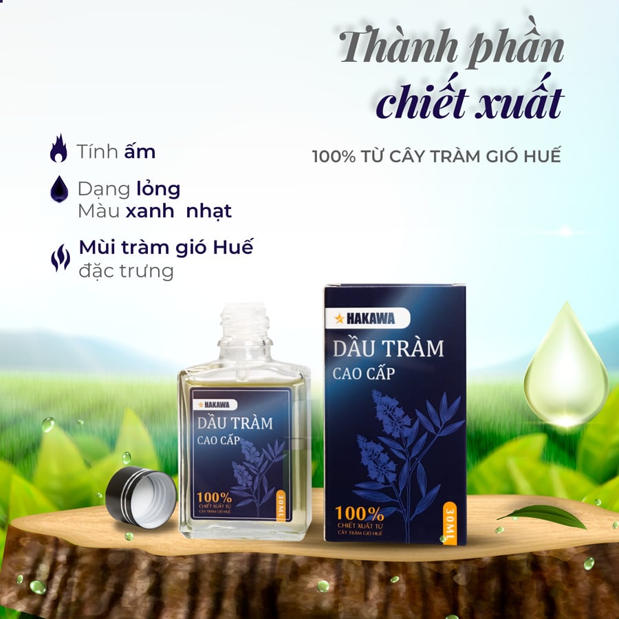 Thành phần chiết xuất 100% từ cây tràm xứ Huế với tính ấm, mùi tràm gió Huế, dạng lỏng với màu xanh nhạt